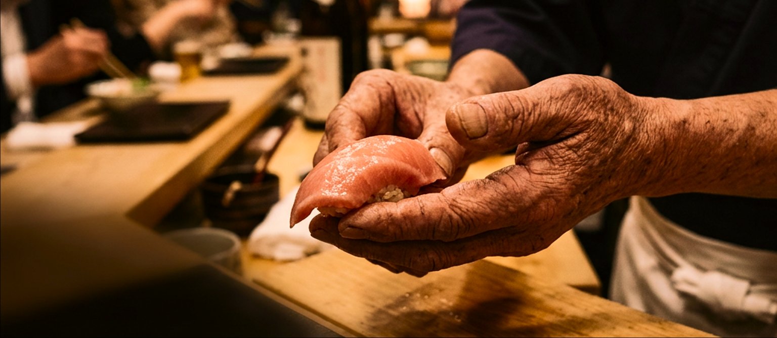 A veteran sushi chef presenting fresh nigiri at the counter